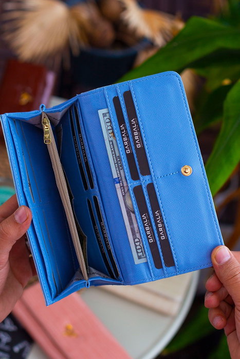 Zoozie Bags Cartera Mujer Azul Bebé Piel PU Cierre Cremallera Compartimentos Múltiples Elegante Moderna 19.3x10.3cm
